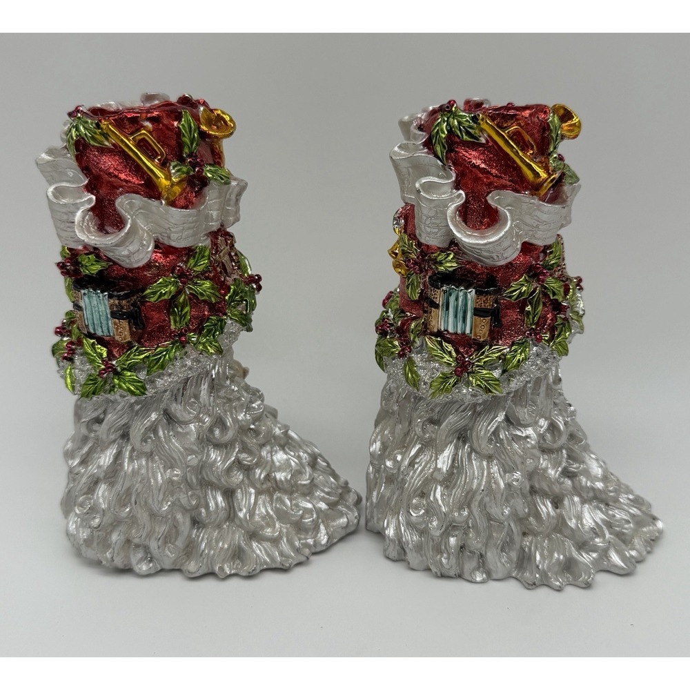 2 Christmas Santa Candlestick Holders Beard Holly Holiday - Picture 3 of 7